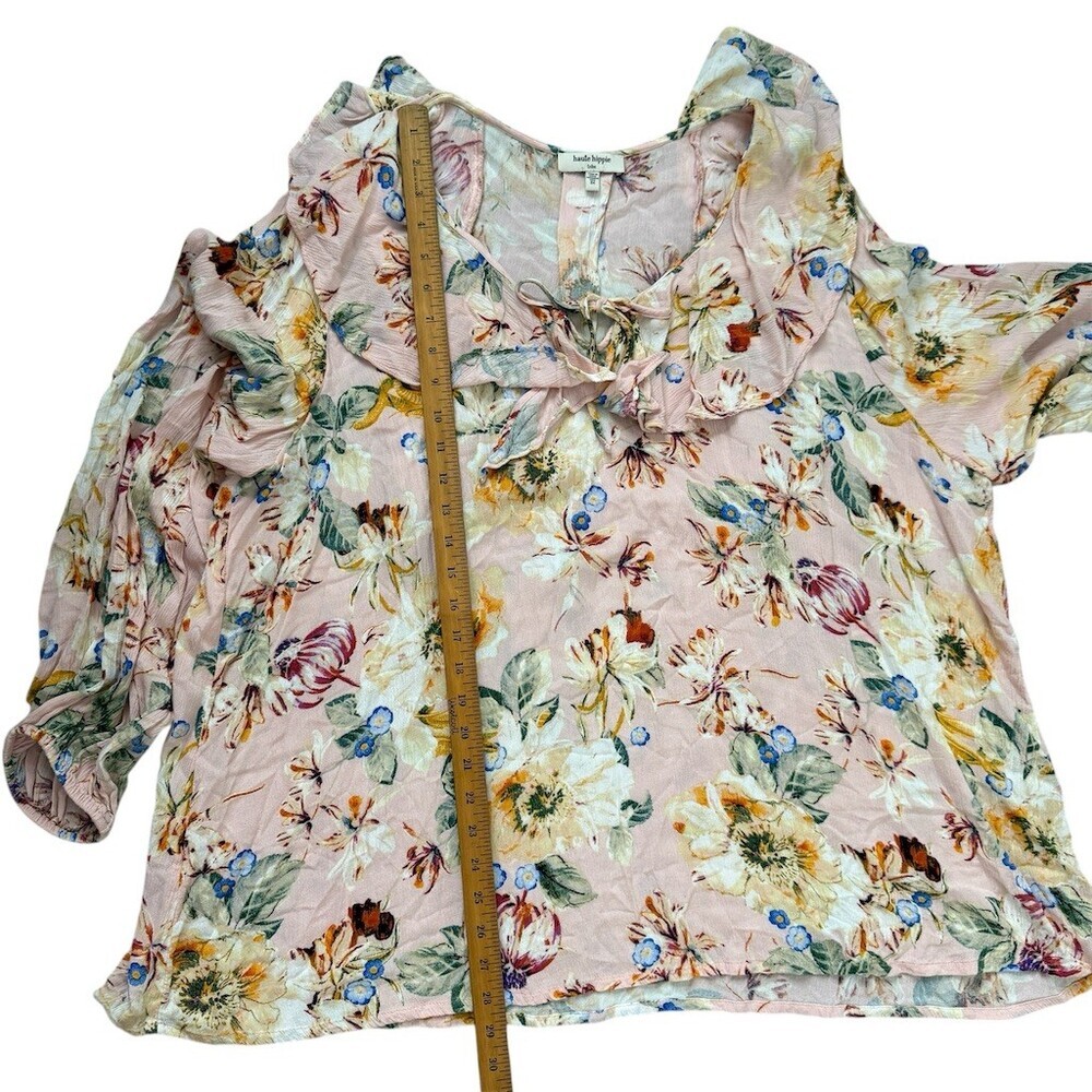 Haute Hippie Tribe Blouse 3X Pink Floral Ruffle Tie-Neck Boho Peasant Cottage - Picture 7 of 8
